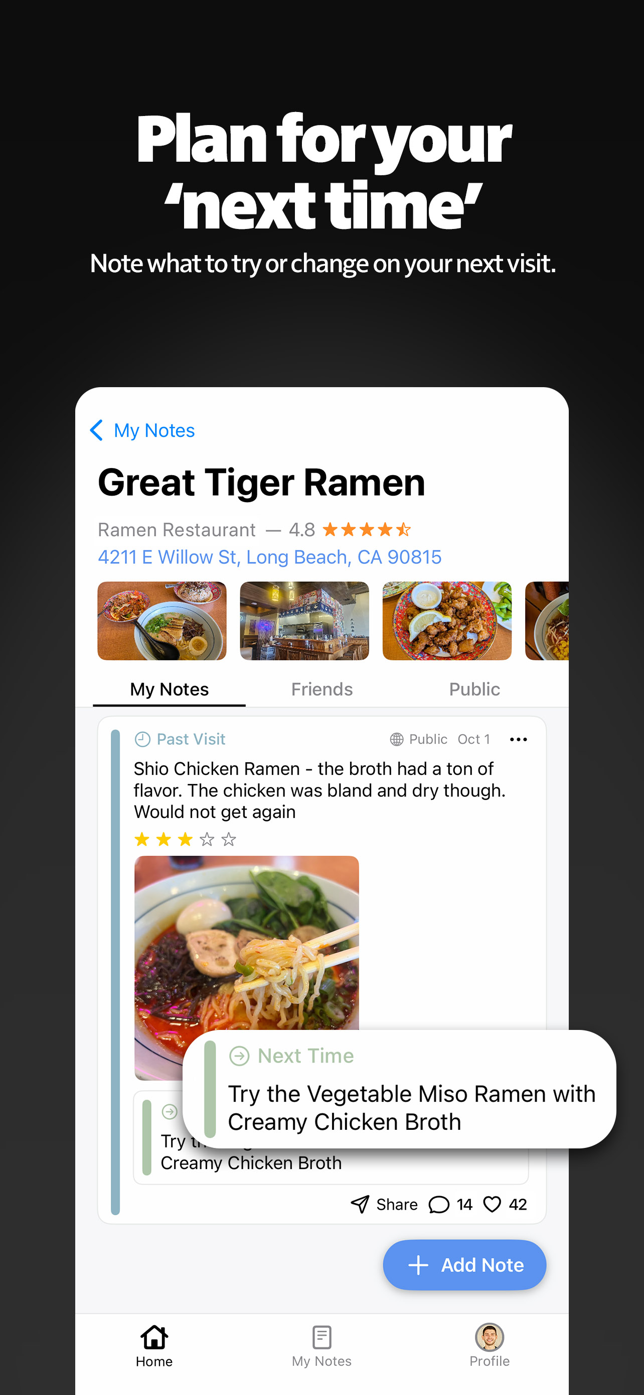 Screenshot of App. Plan for 'next time'.