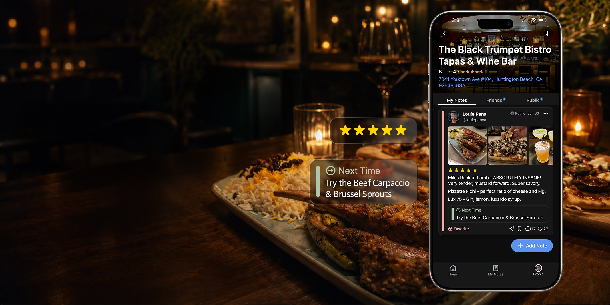 The Next Time app open on a phone at a candlelit restaurant, showing saved notes on dishes to remember