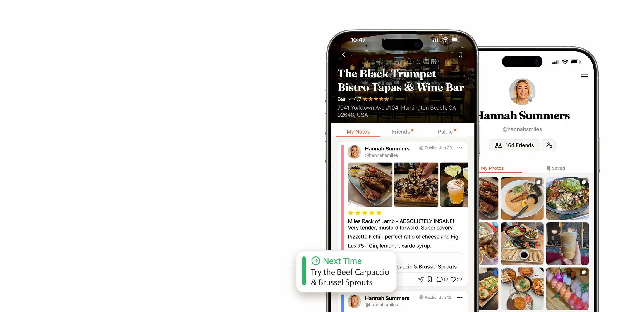 The Next Time app open on a phone, showing saved notes on dishes to remember